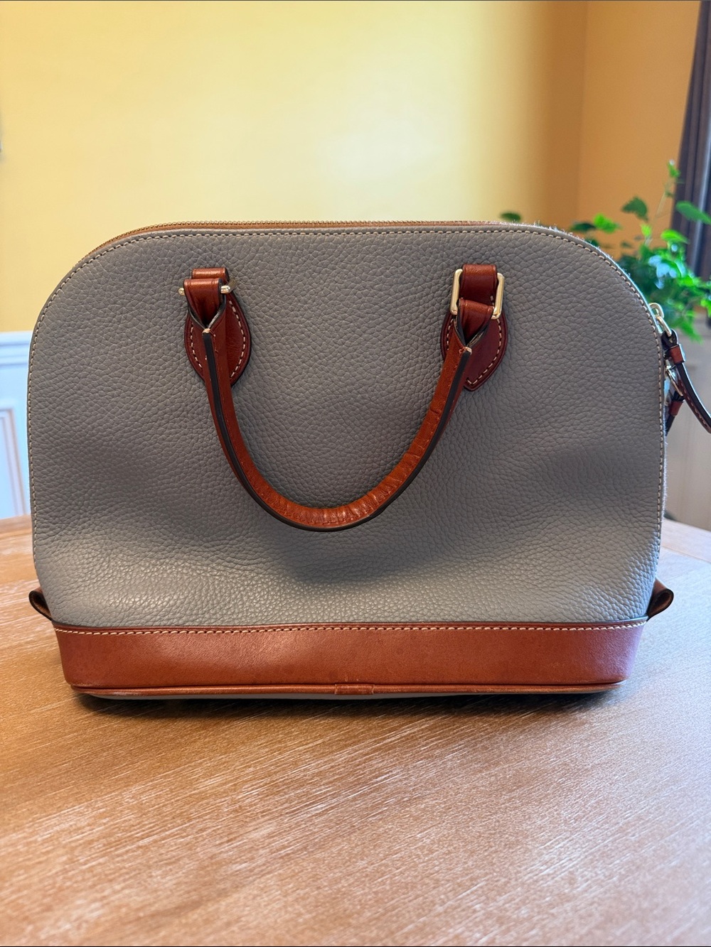 Dooney & Bourke Grey Pebbled Leather Satchel with Brown Trim - Picture 2 of 7